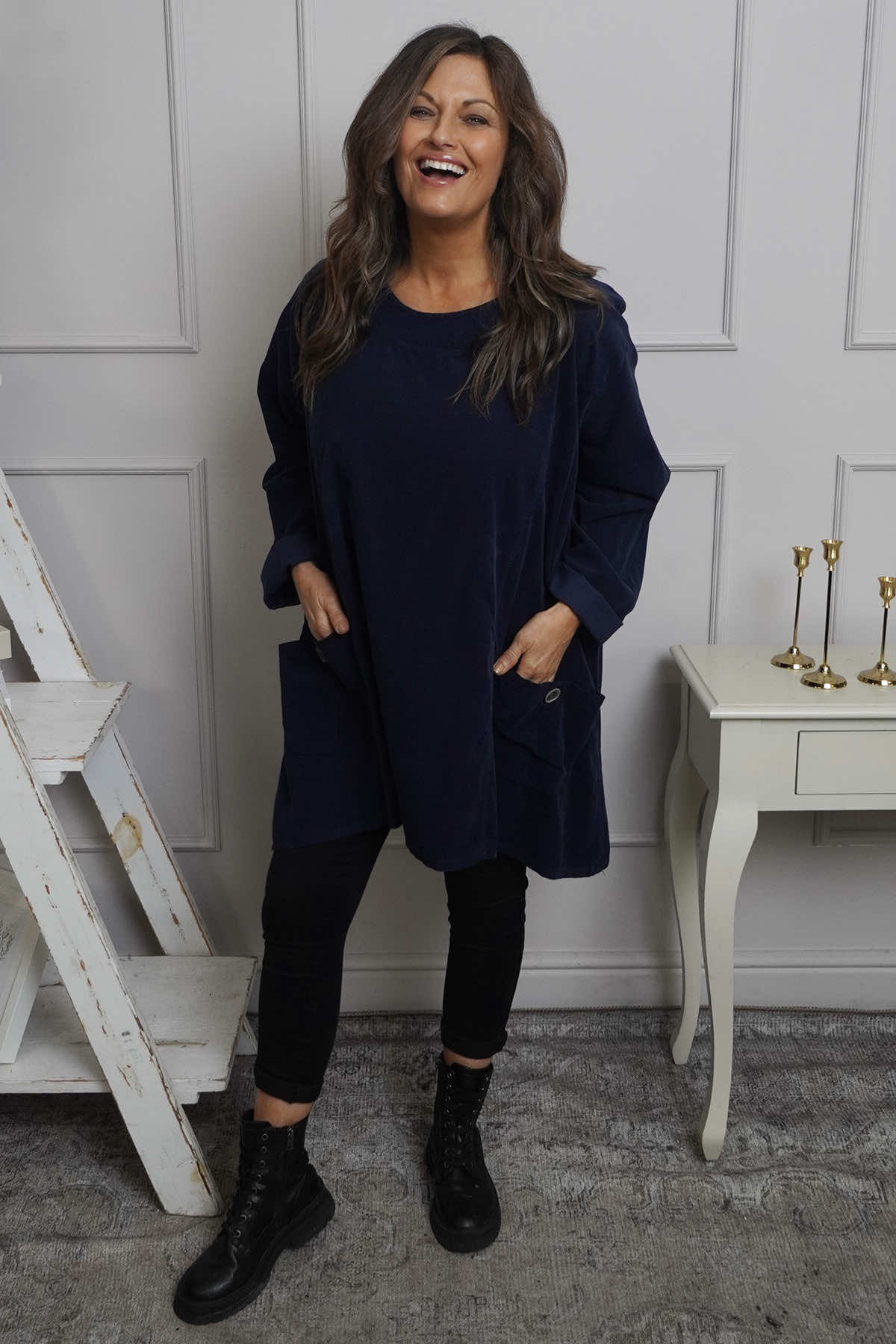 Shauna Button Pocket Needlecord Top Navy