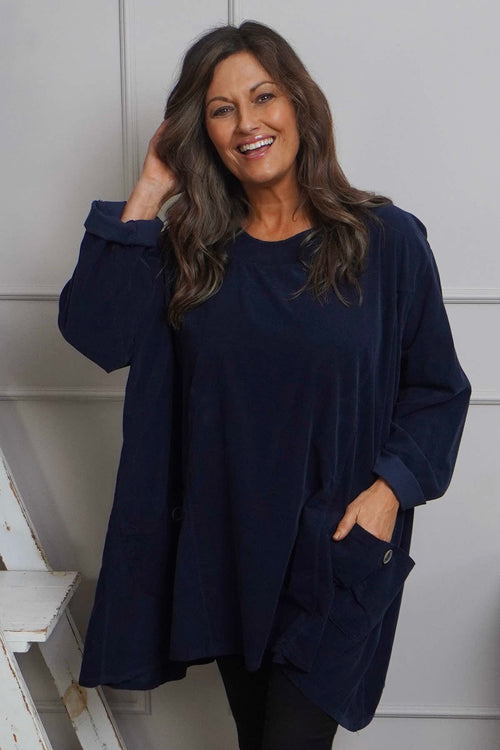 Shauna Button Pocket Needlecord Top Navy