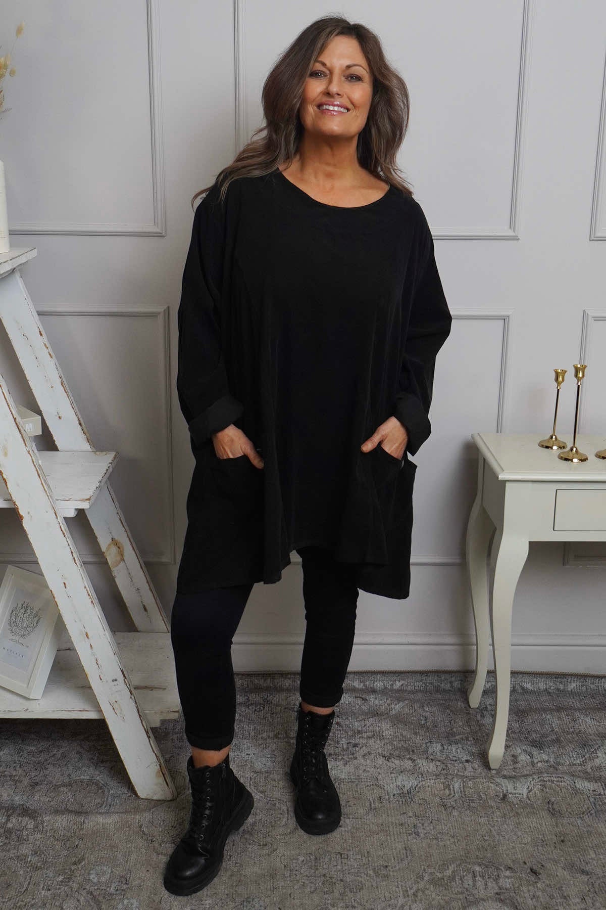 Shauna Button Pocket Needlecord Top Black