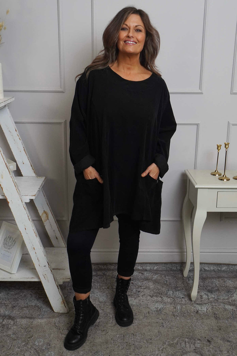 Shauna Button Pocket Needlecord Top Black