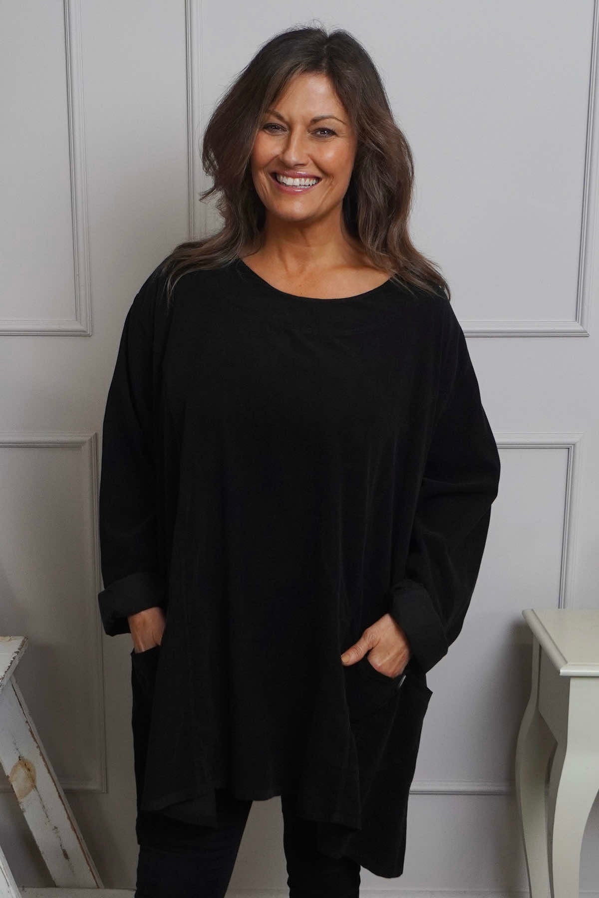 Shauna Button Pocket Needlecord Top Black