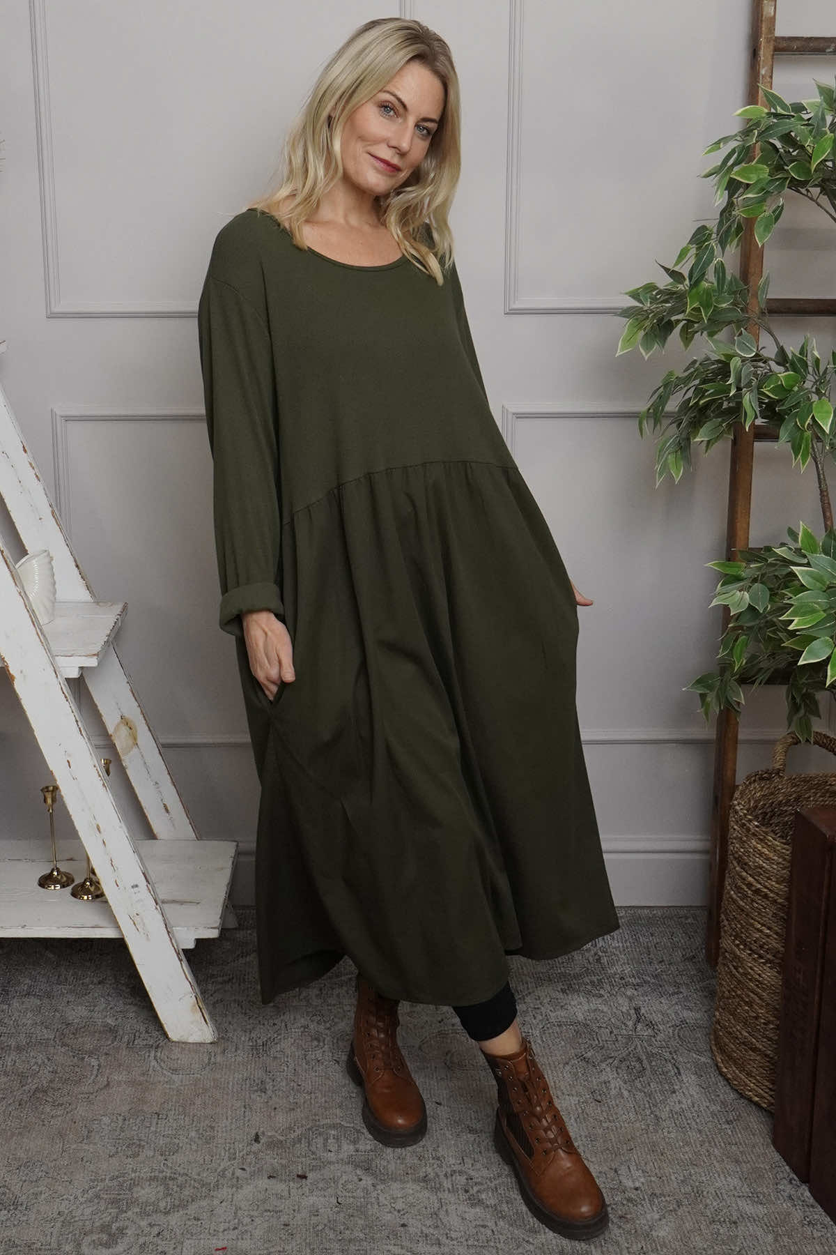 Tina Ribbed Detail Cotton Dress Khaki