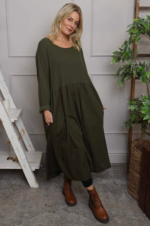 Tina Ribbed Detail Cotton Dress Khaki - Image 3