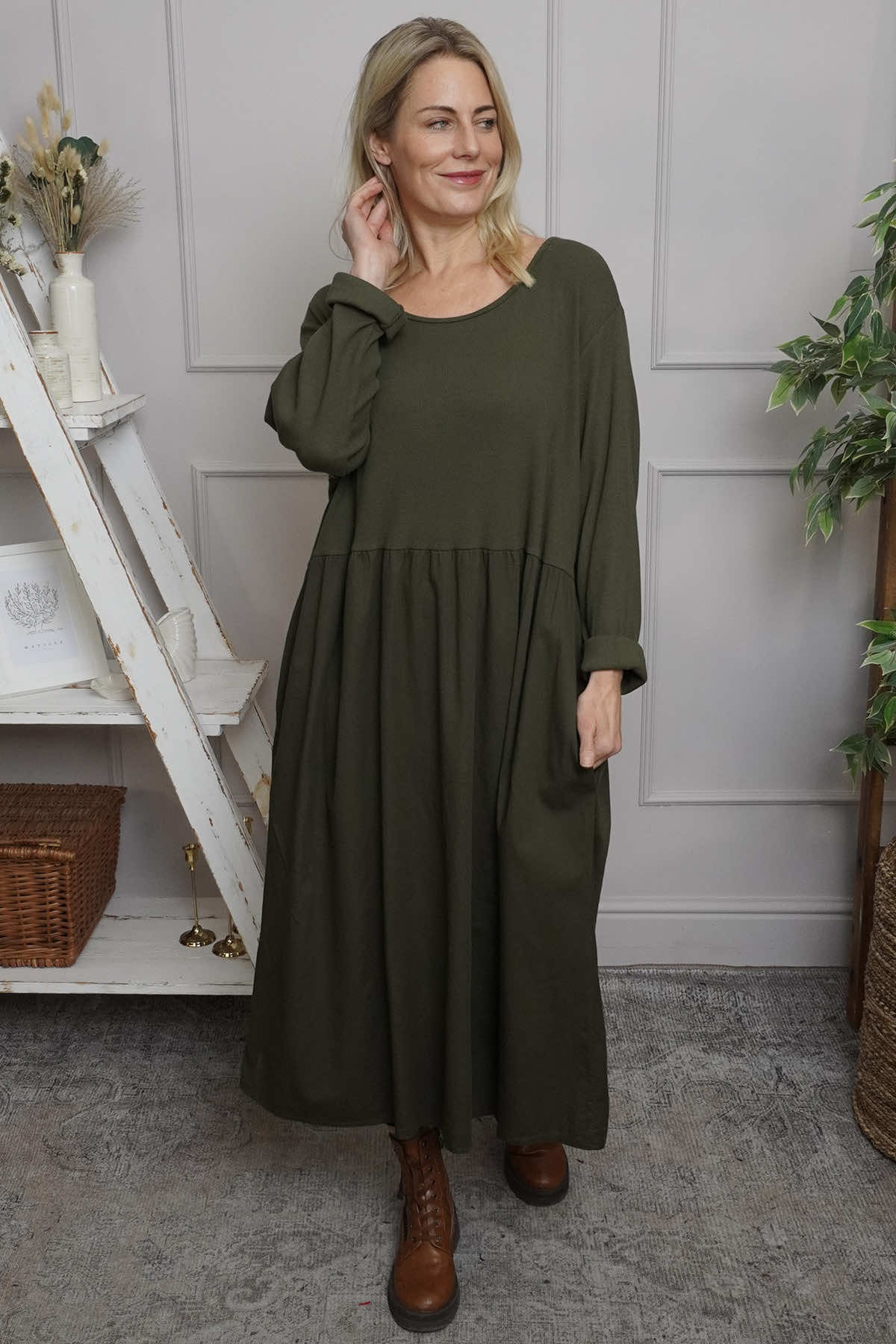 Tina Ribbed Detail Cotton Dress Khaki