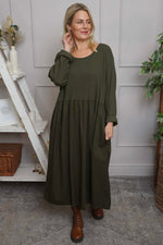 Tina Ribbed Detail Cotton Dress Khaki Khaki - Tina Ribbed Detail Cotton Dress Khaki