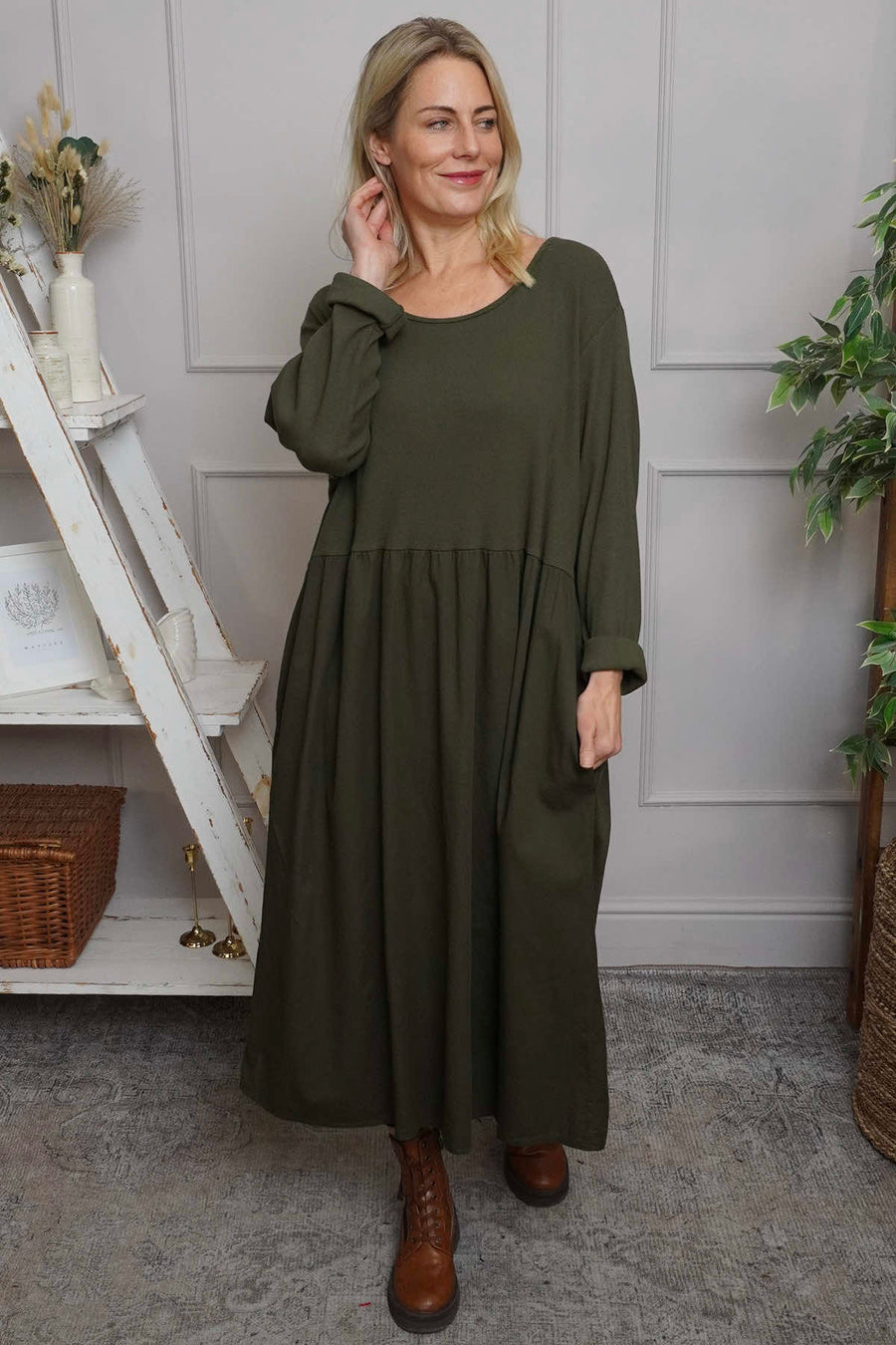 Tina Ribbed Detail Cotton Dress Khaki