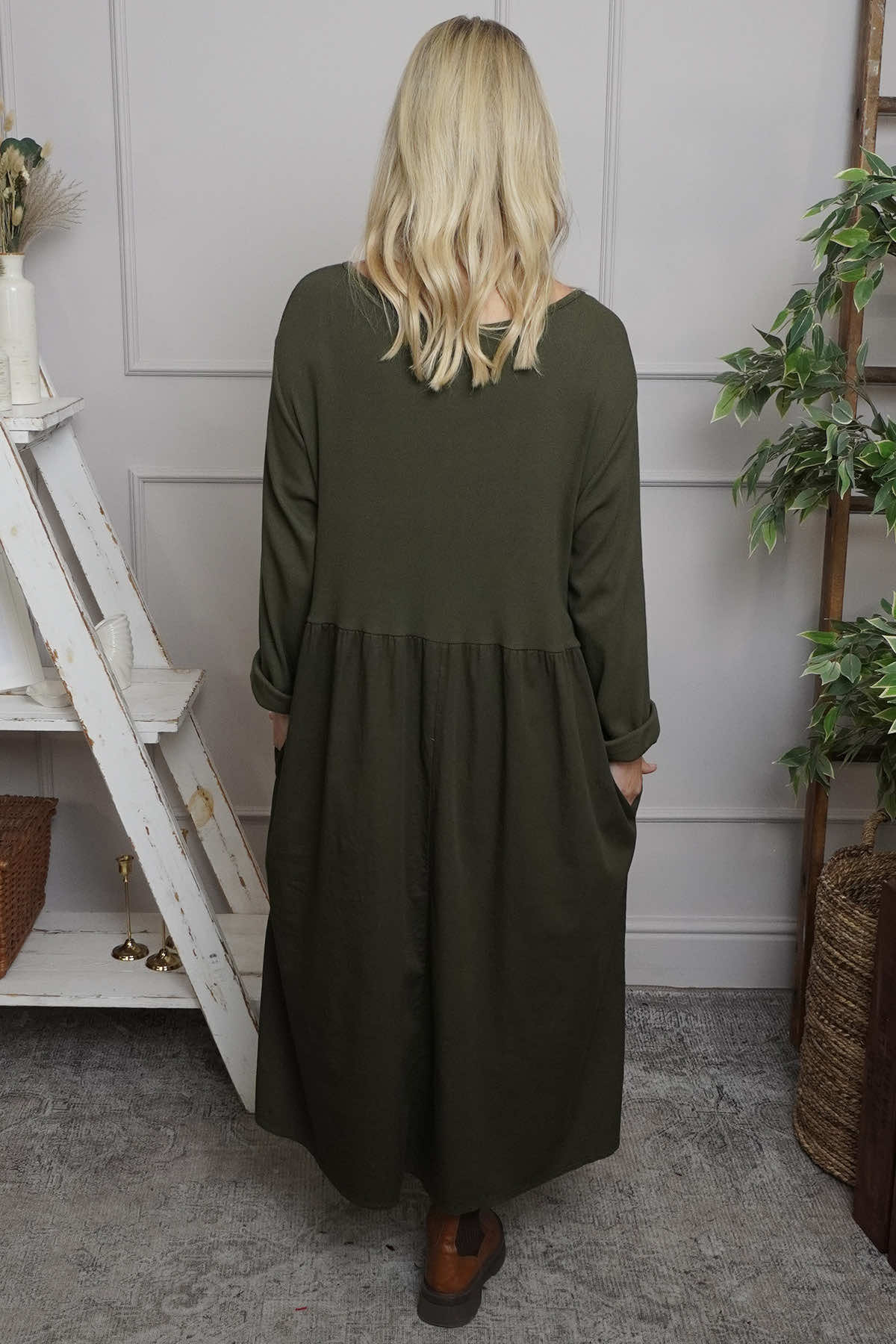 Tina Ribbed Detail Cotton Dress Khaki