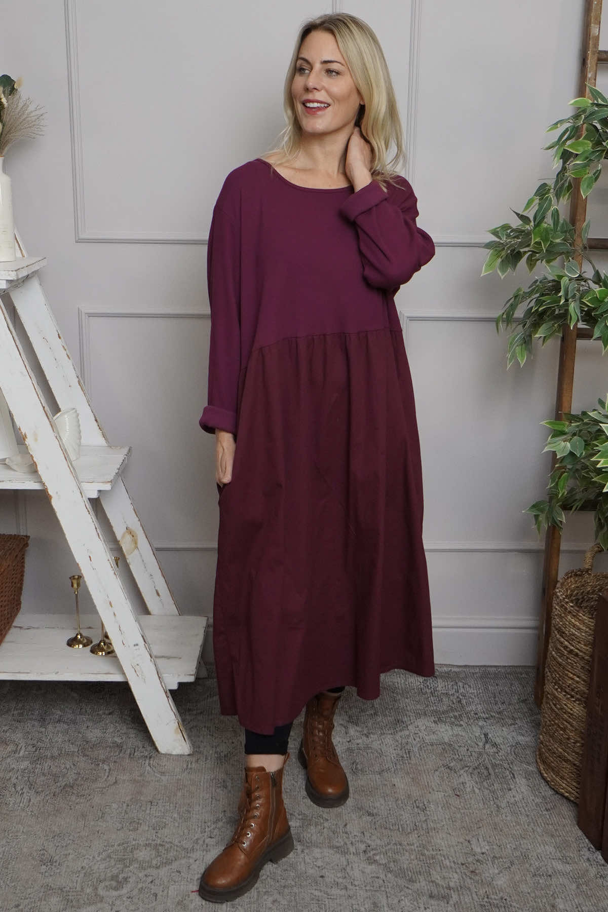 Tina Ribbed Detail Cotton Dress Burgundy