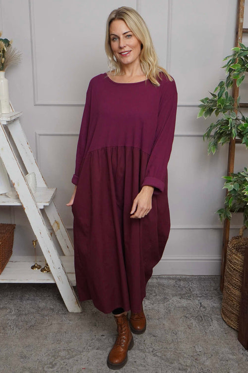 Tina Ribbed Detail Cotton Dress Burgundy - Image 1