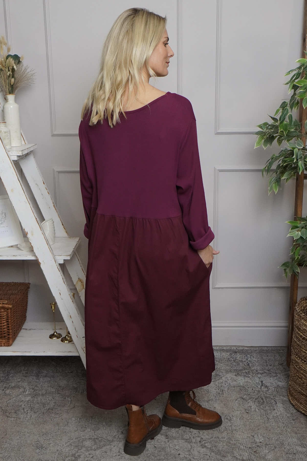 Tina Ribbed Detail Cotton Dress Burgundy