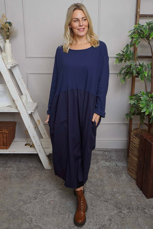 Tina Ribbed Detail Cotton Dress Navy - Image 3