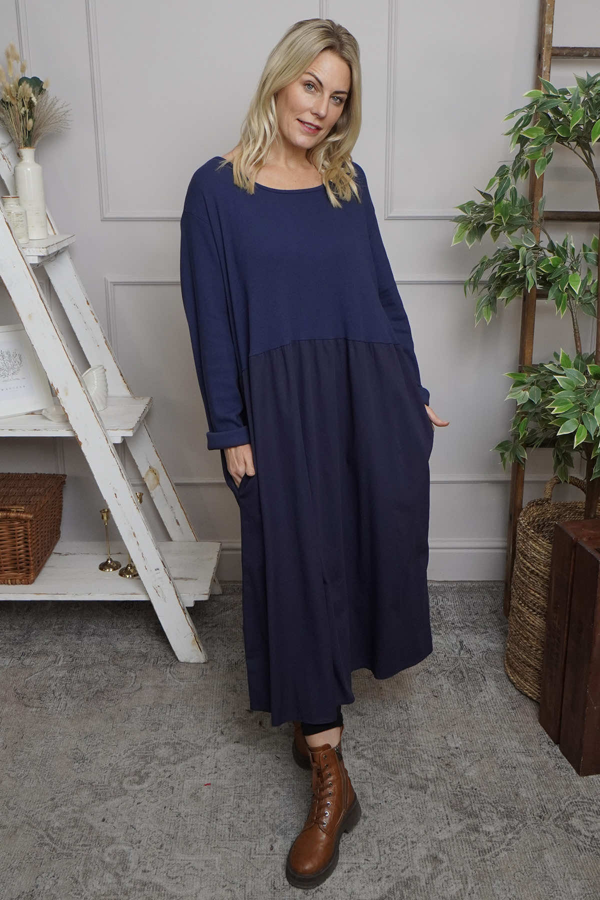 Tina Ribbed Detail Cotton Dress Navy