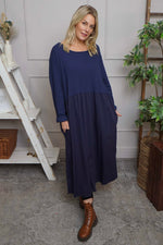 Tina Ribbed Detail Cotton Dress Navy Navy - Tina Ribbed Detail Cotton Dress Navy