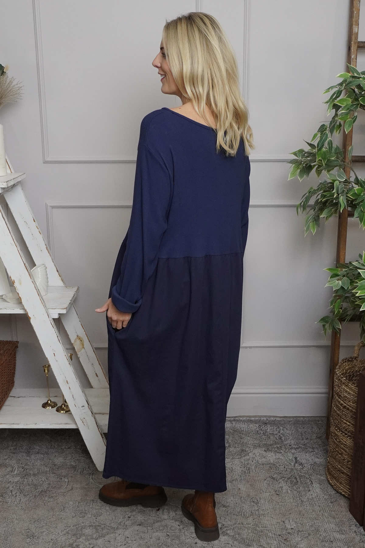 Tina Ribbed Detail Cotton Dress Navy