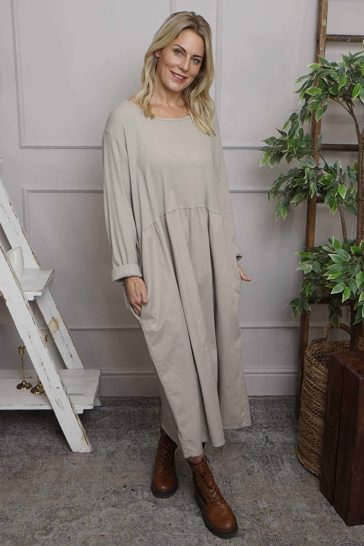 Tina Ribbed Detail Cotton Dress Stone