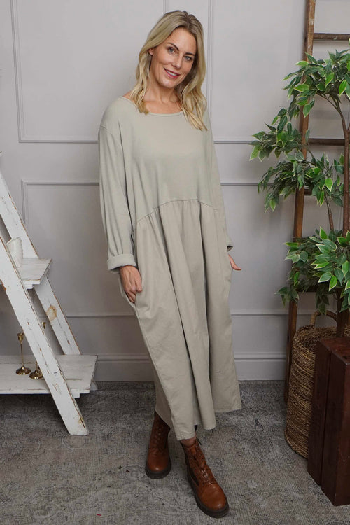 Tina Ribbed Detail Cotton Dress Stone - Image 3