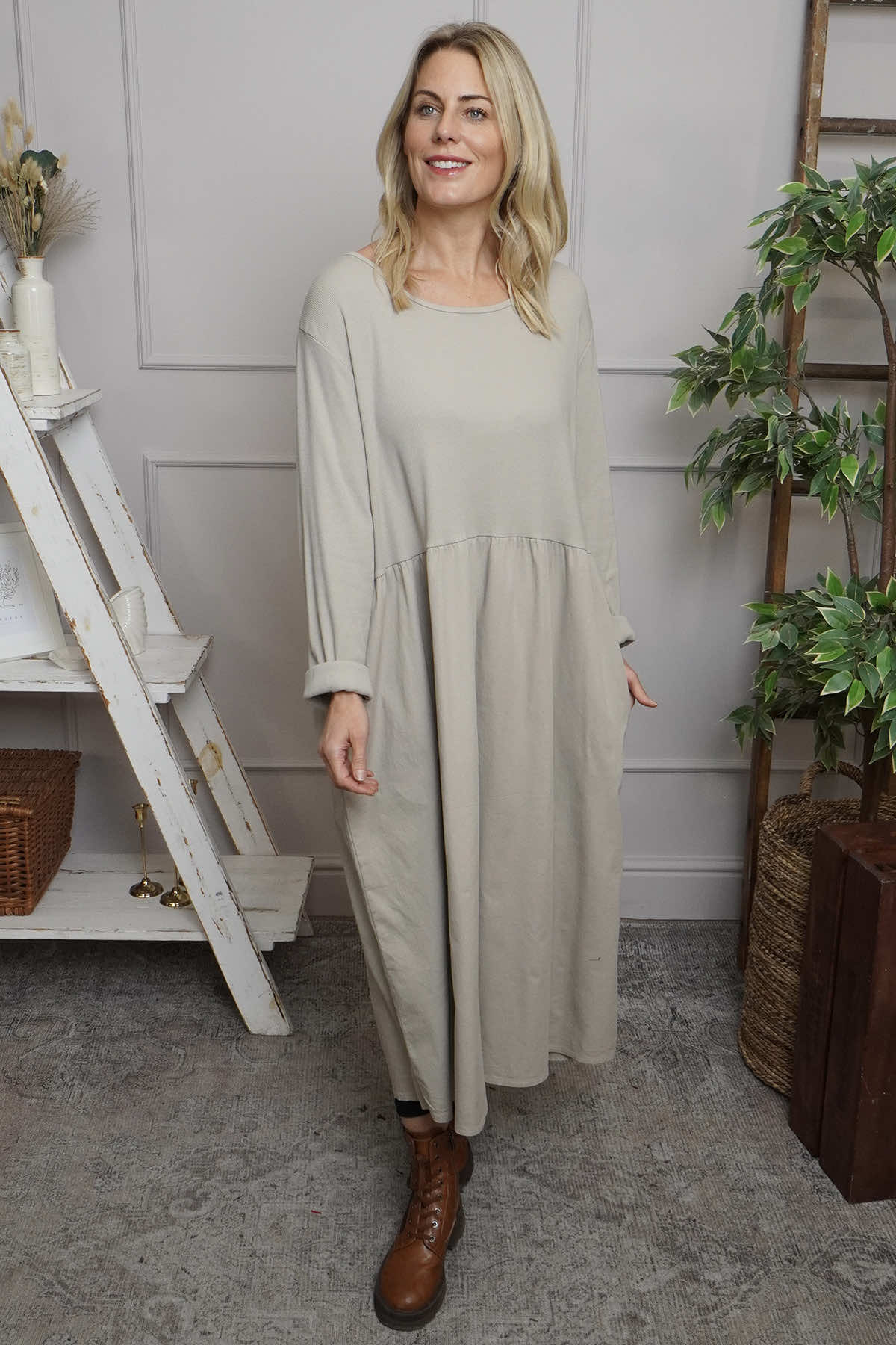 Tina Ribbed Detail Cotton Dress Stone