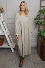 Tina Ribbed Detail Cotton Dress Stone Stone - Tina Ribbed Detail Cotton Dress Stone