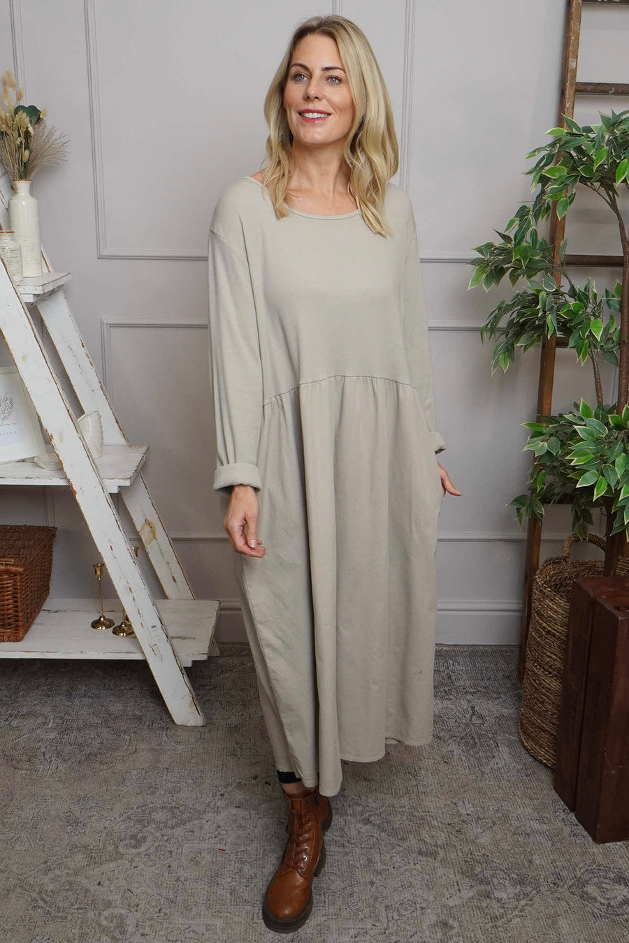 Tina Ribbed Detail Cotton Dress Stone