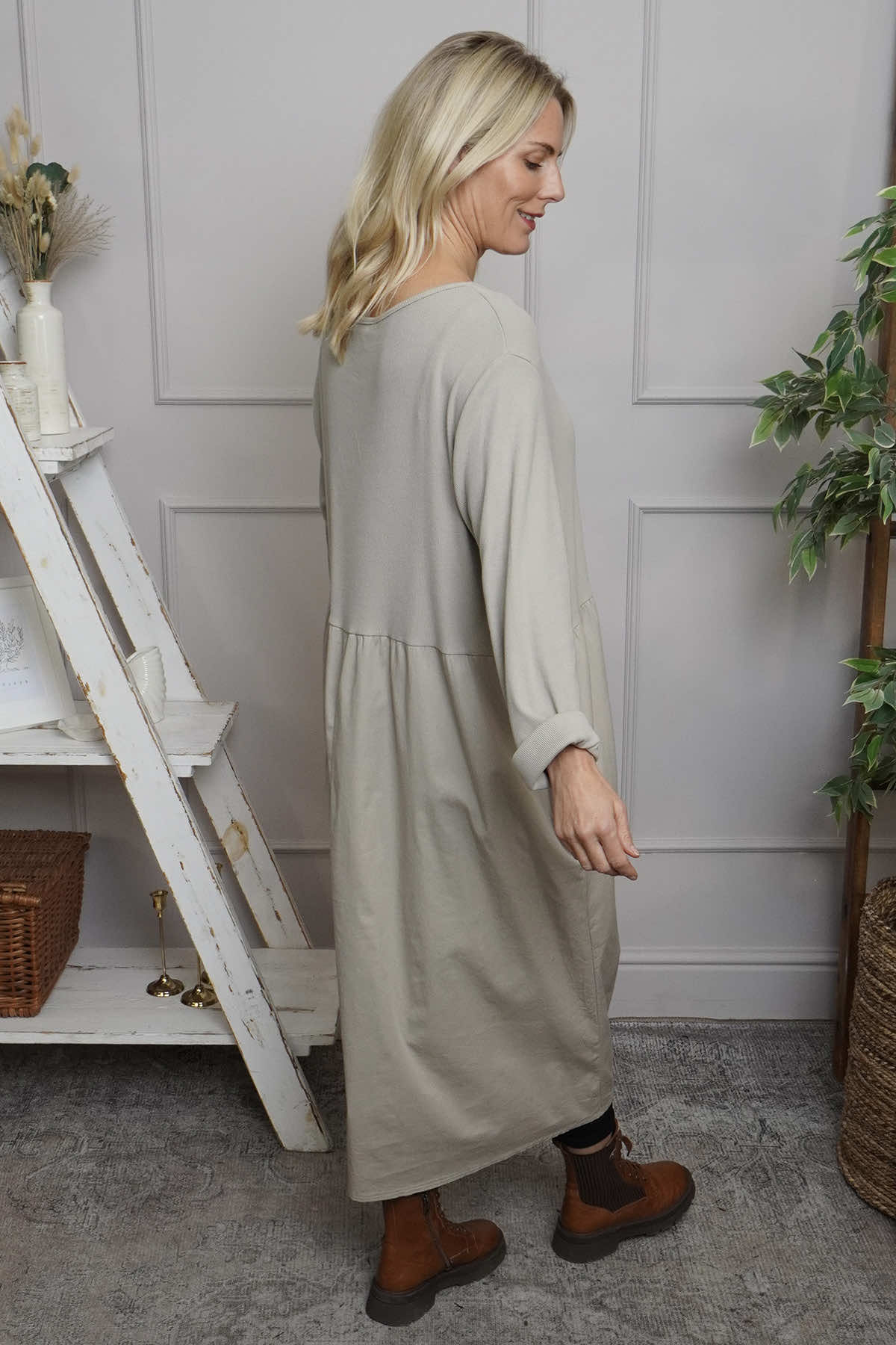 Tina Ribbed Detail Cotton Dress Stone