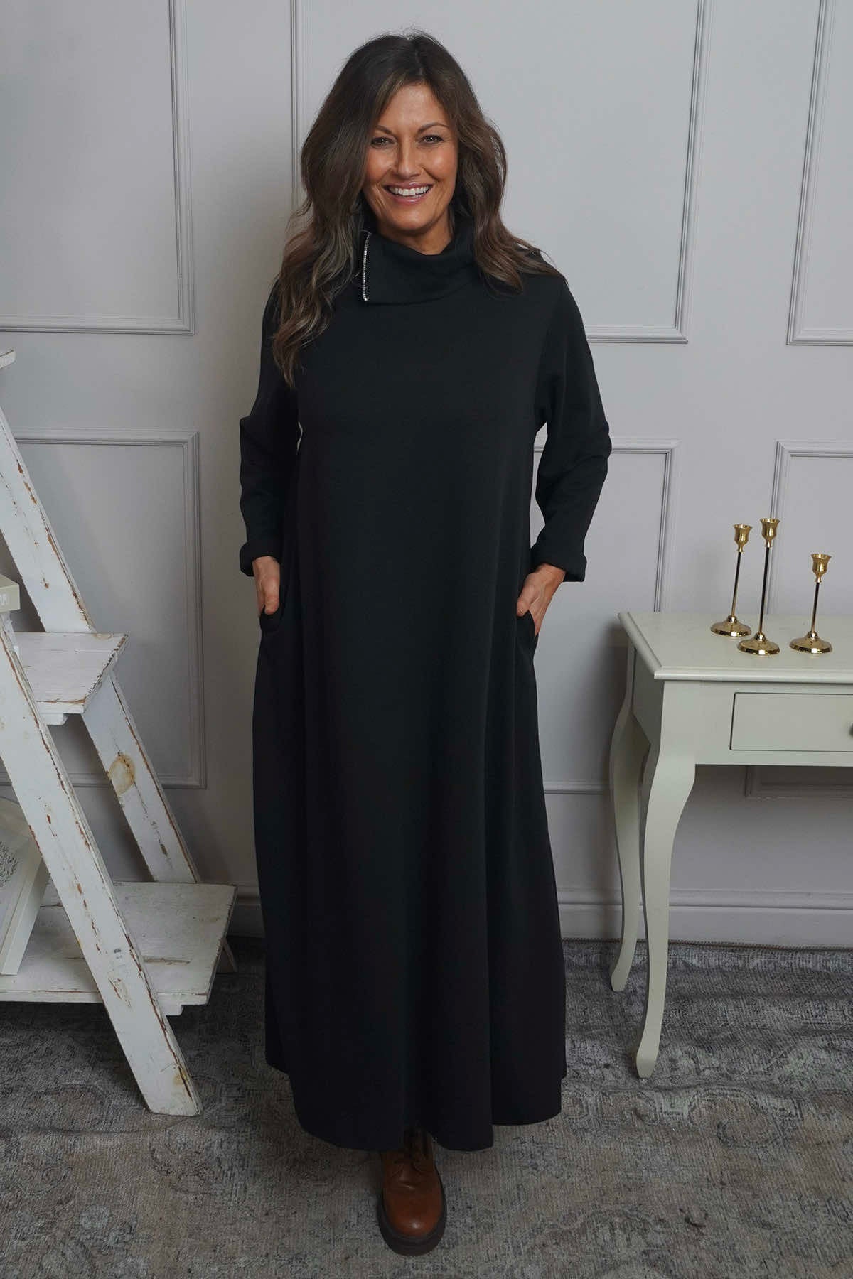 Wanda Zip Polo Cotton Dress Black