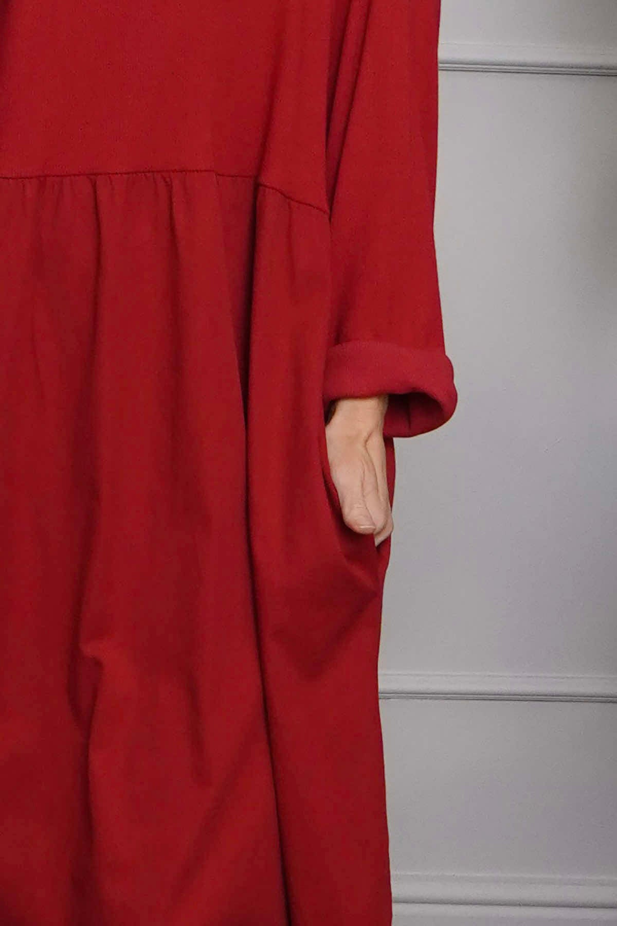 Tina Ribbed Detail Cotton Dress Red