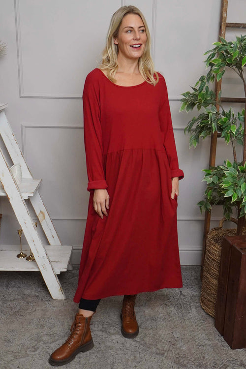 Tina Ribbed Detail Cotton Dress Red - Image 3