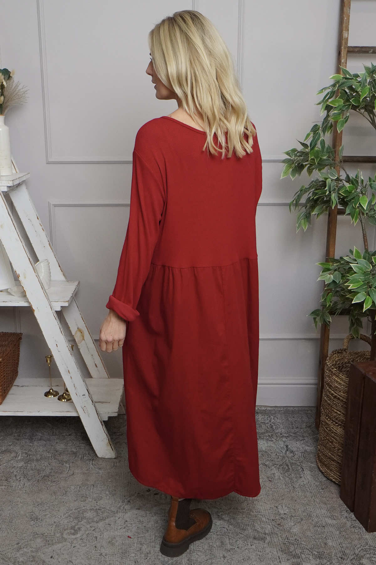 Tina Ribbed Detail Cotton Dress Red