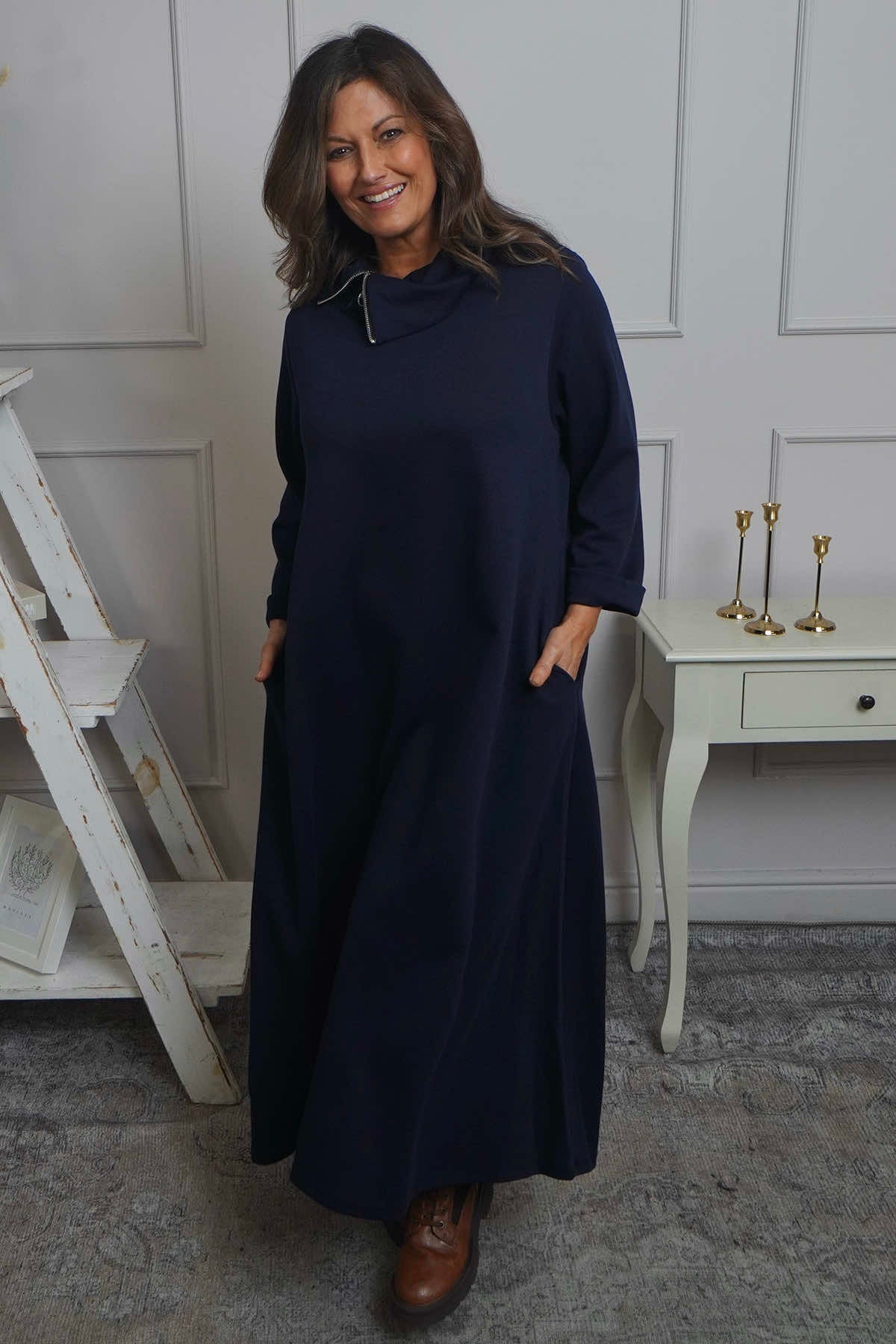 Wanda Zip Polo Cotton Dress Navy