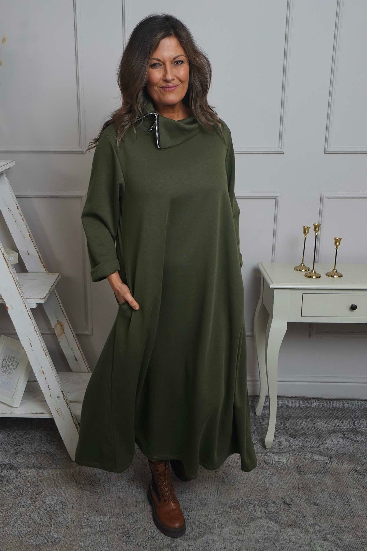 Wanda Zip Polo Cotton Dress Khaki