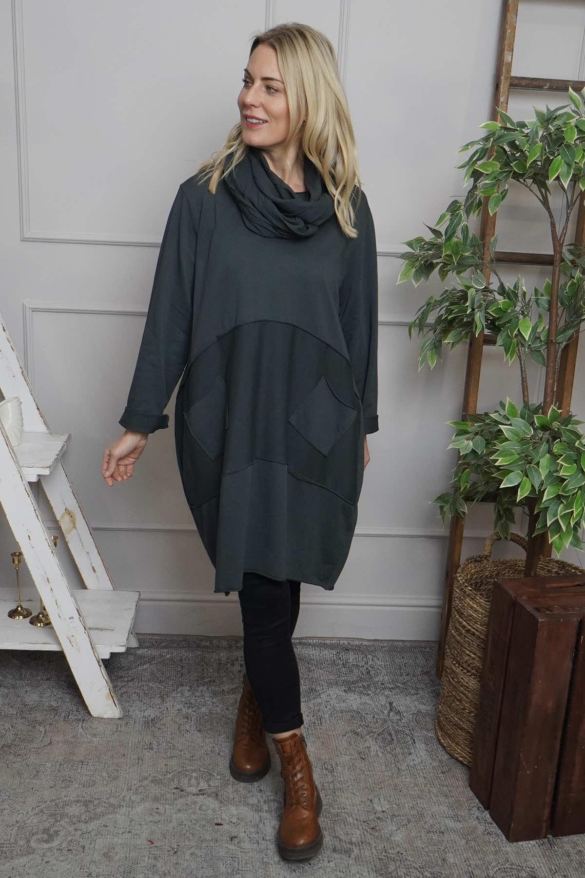 Rizo Snood Cotton Dress Charcoal