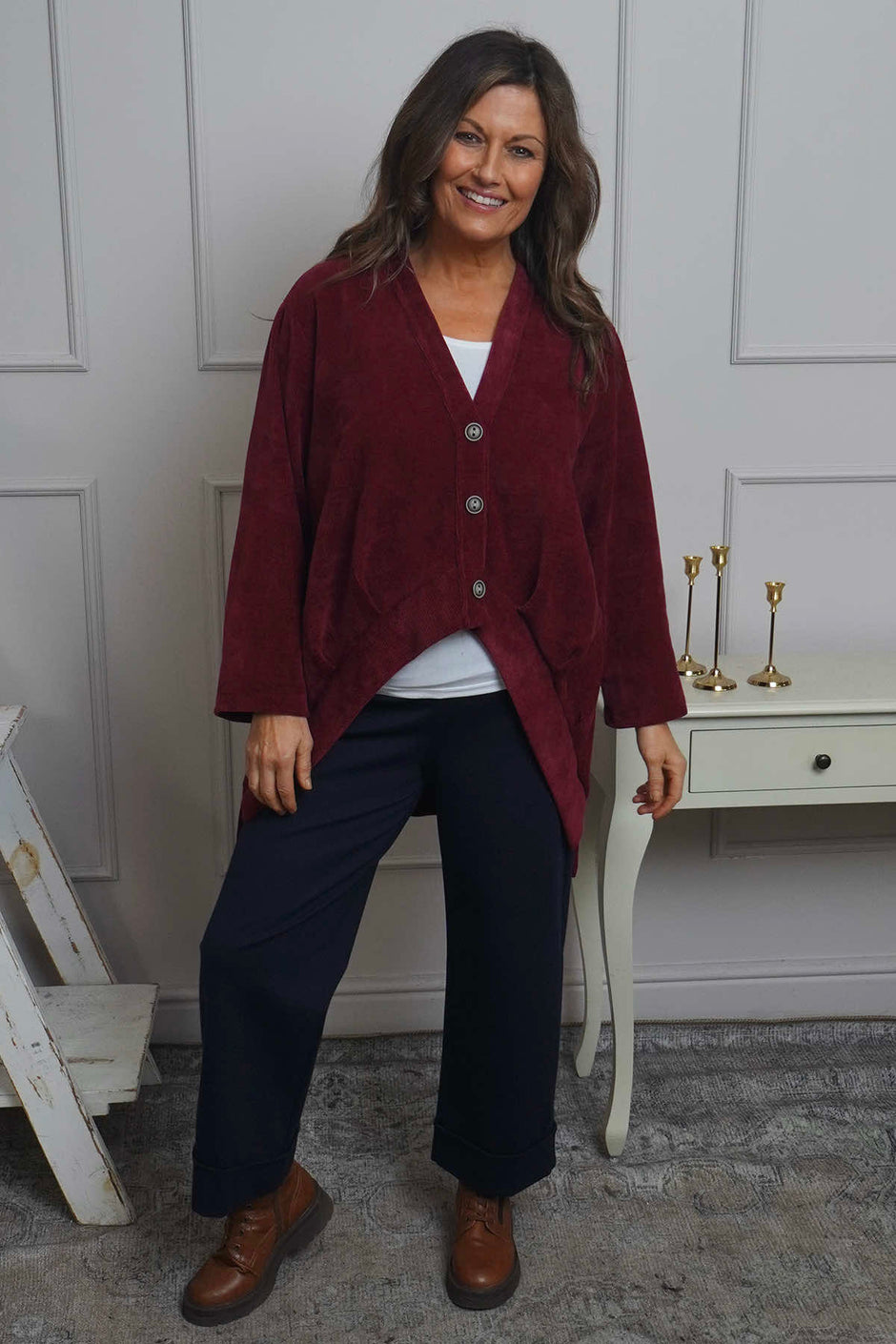 Evangeline Cord Button Top Burgundy