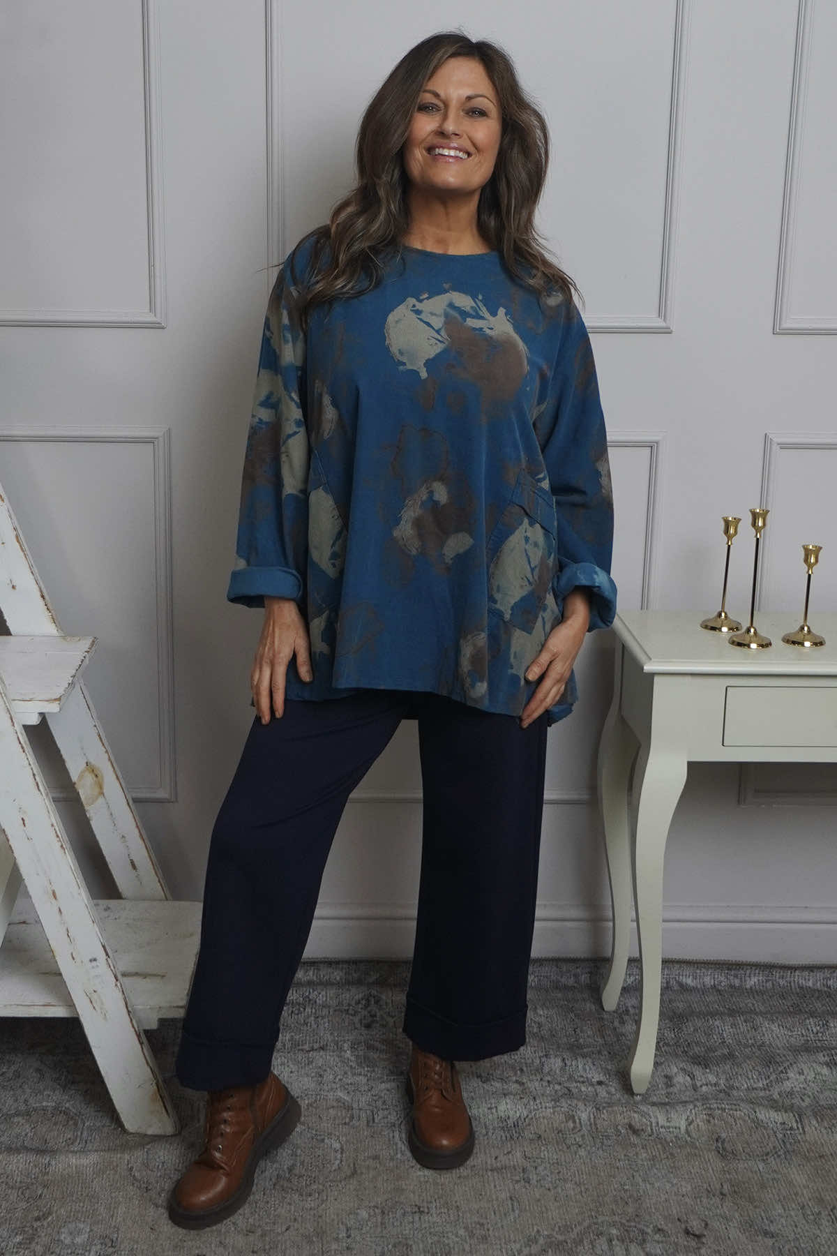 Rachel Print Needlecord Top Teal