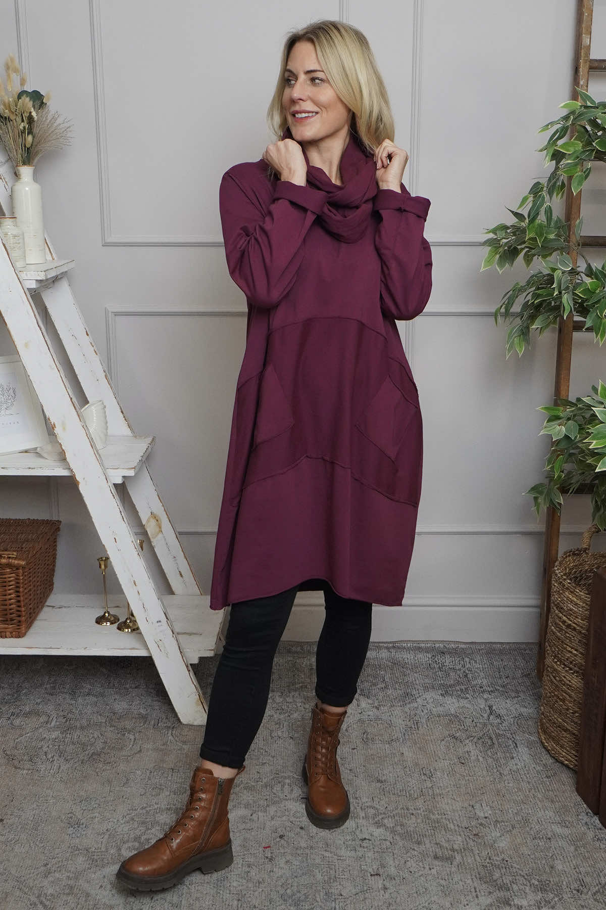 Rizo Snood Cotton Dress Burgundy