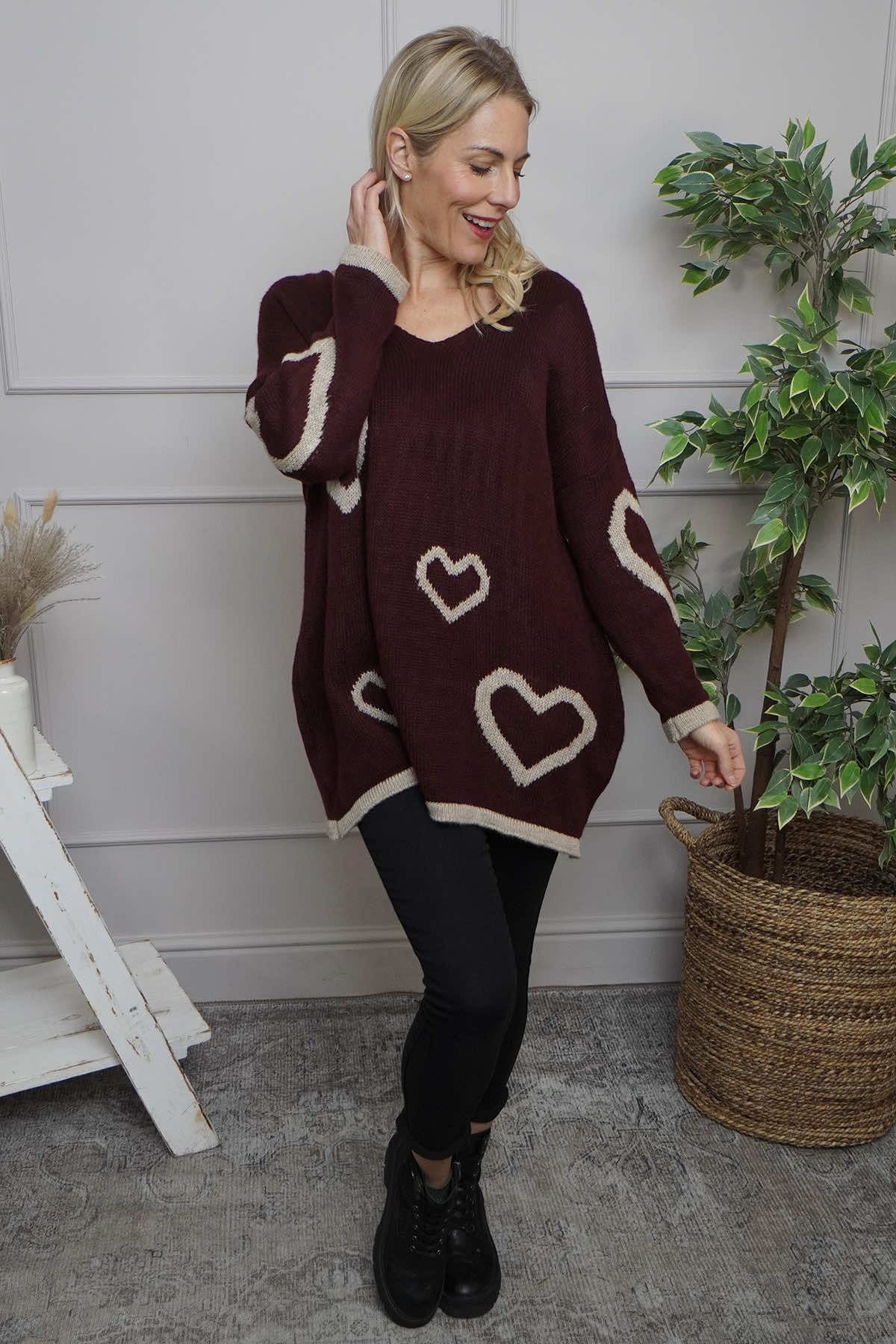 Milena Heart Knitted Jumper Wine