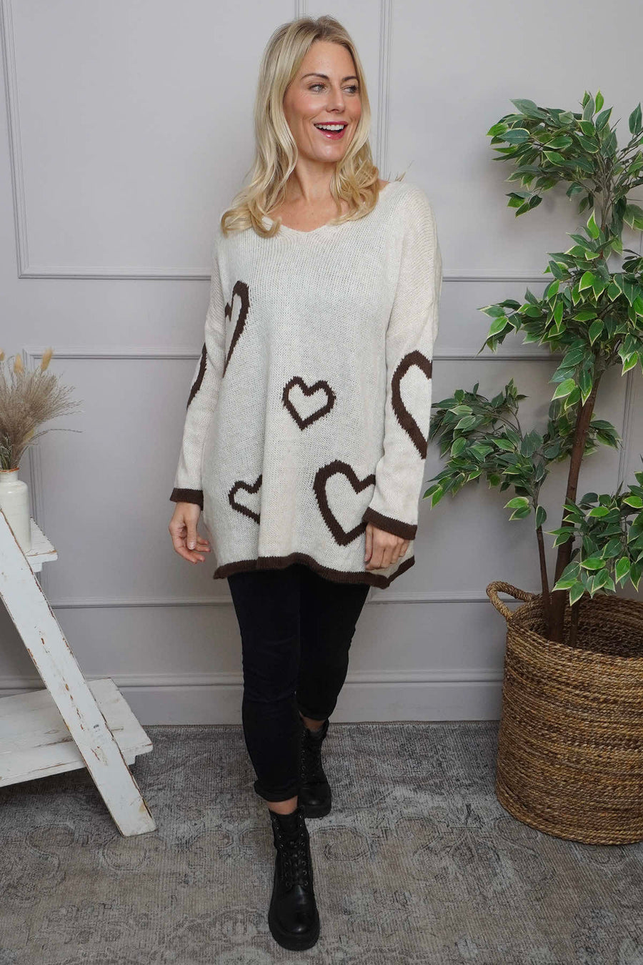 Milena Heart Knitted Jumper Stone