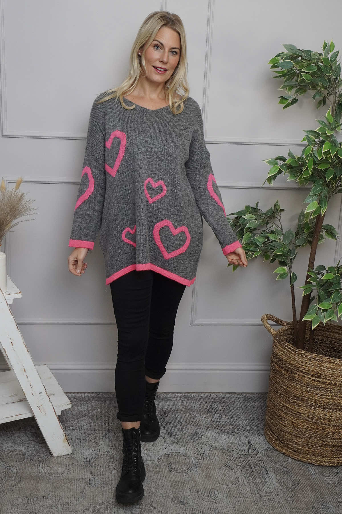 Milena Heart Knitted Jumper Mid Grey