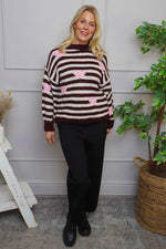 Carina Heart Stripe Knitted Jumper Wine Wine - Carina Heart Stripe Knitted Jumper Wine