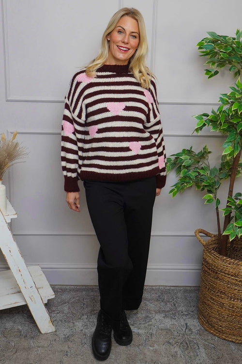 Carina Heart Stripe Knitted Jumper Wine