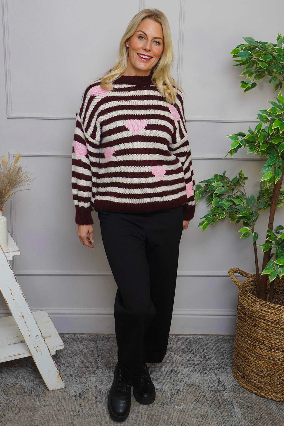 Carina Heart Stripe Knitted Jumper Wine