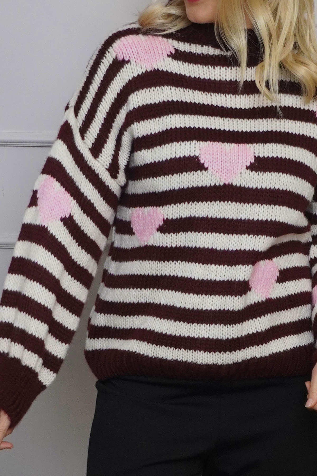 Carina Heart Stripe Knitted Jumper Wine