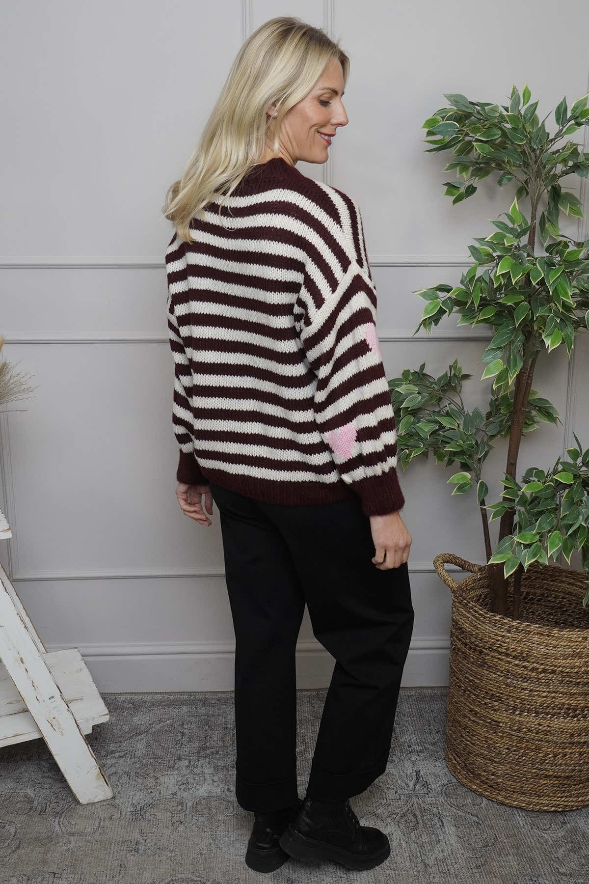 Carina Heart Stripe Knitted Jumper Wine
