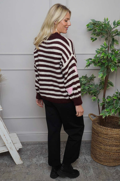 Carina Heart Stripe Knitted Jumper Wine - Image 4