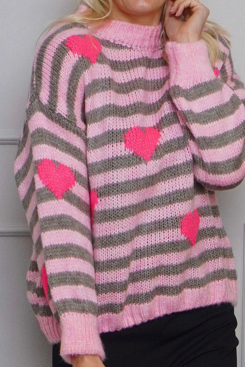 Carina Heart Stripe Knitted Jumper Pink - Image 3
