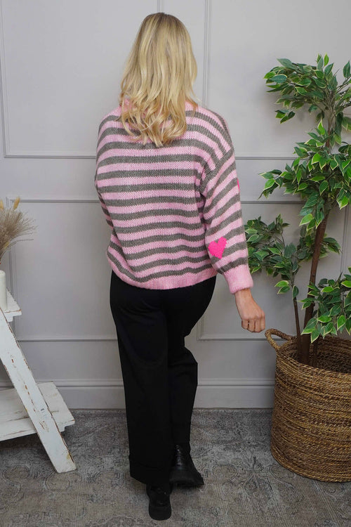 Carina Heart Stripe Knitted Jumper Pink - Image 4