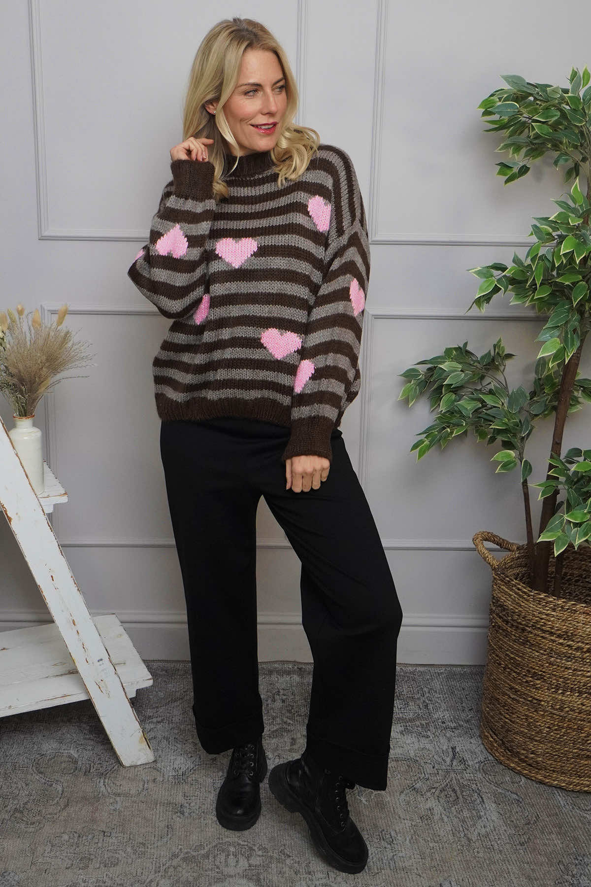 Carina Heart Stripe Knitted Jumper Cocoa