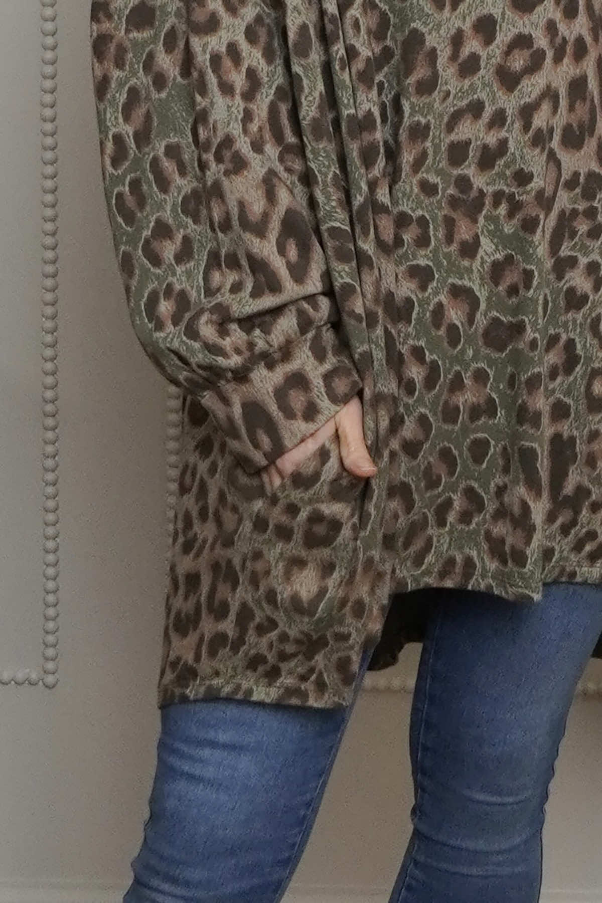 Shayla Leopard Hooded Cotton Top Khaki