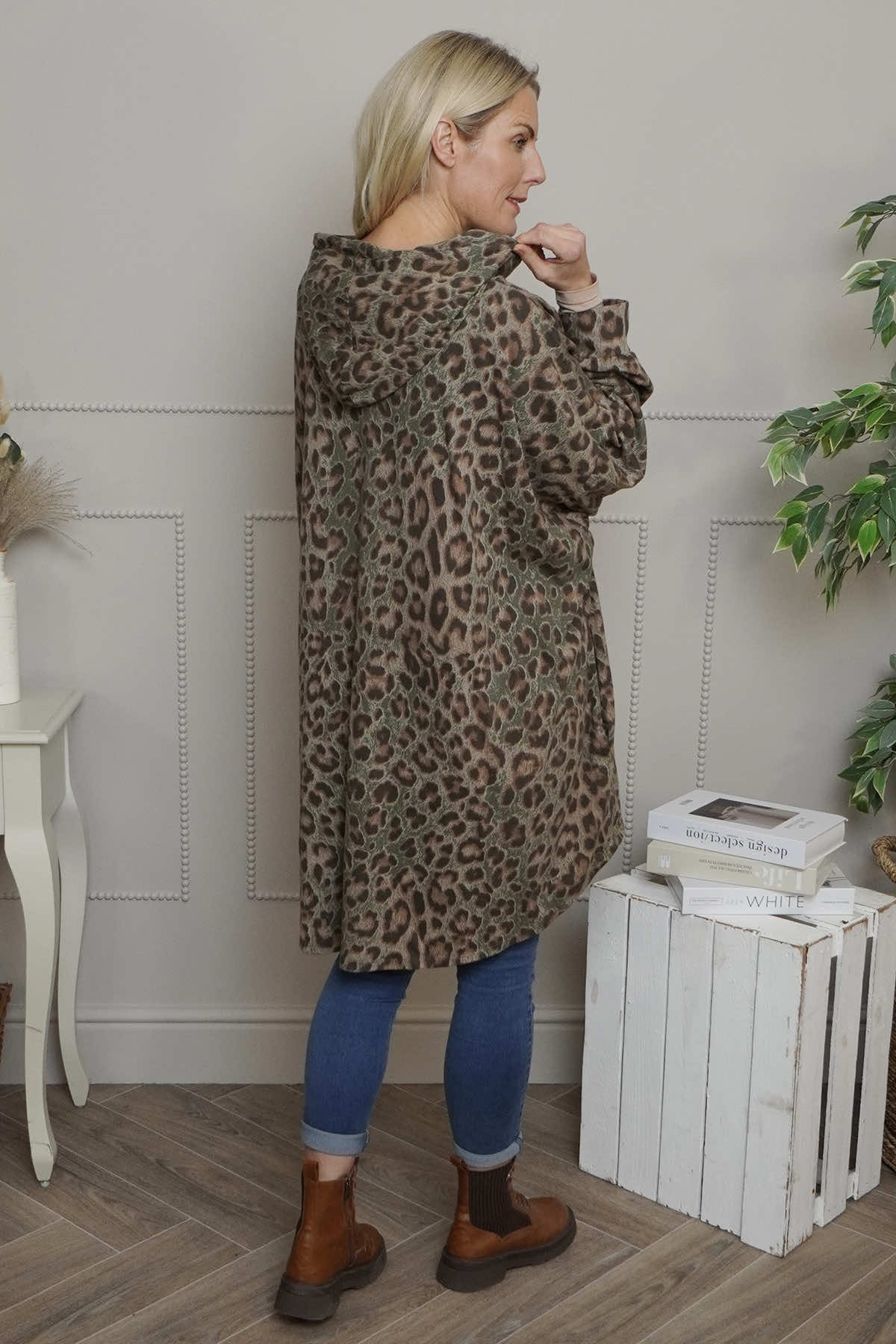 Shayla Leopard Hooded Cotton Top Khaki