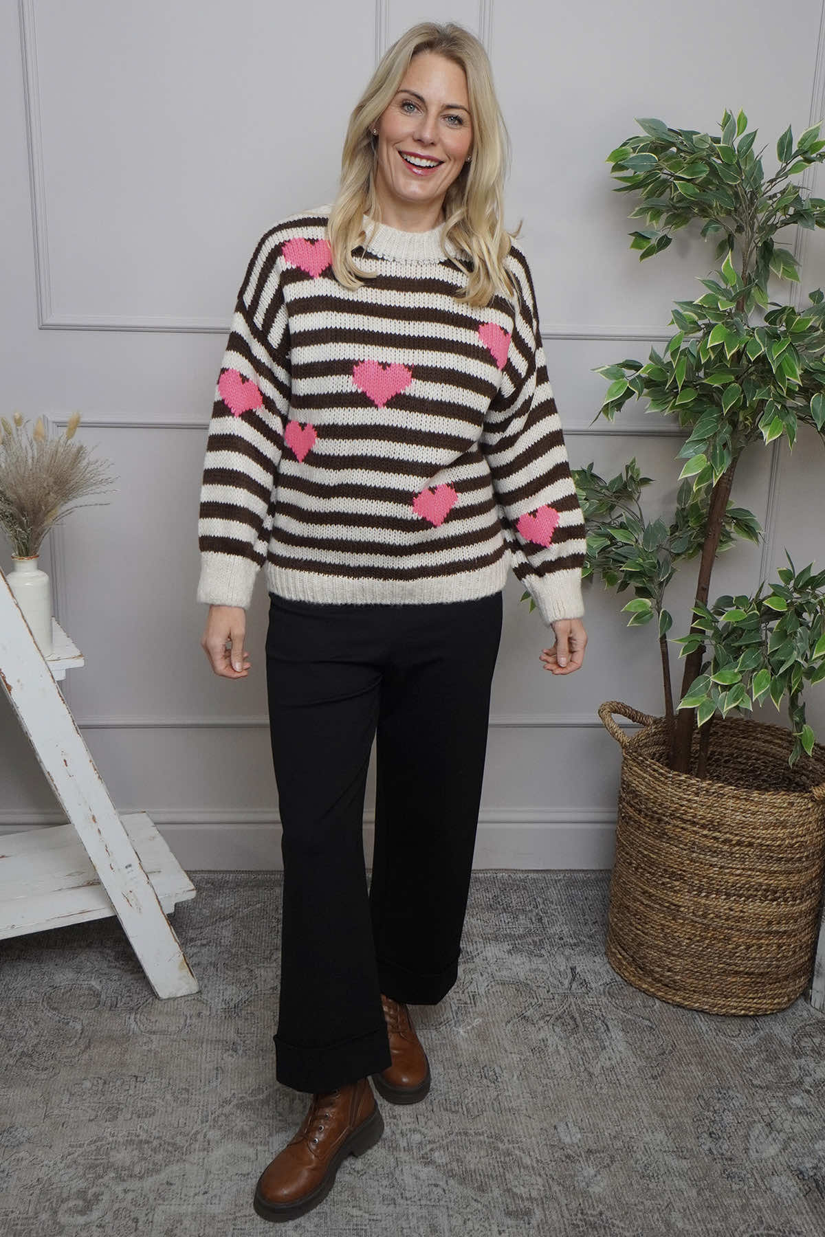 Carina Heart Stripe Knitted Jumper Stone