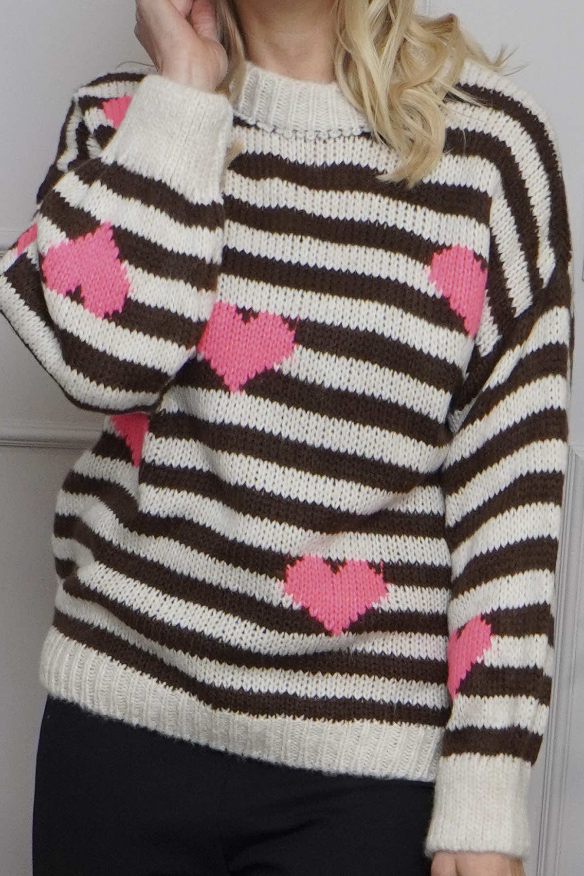 Carina Heart Stripe Knitted Jumper Stone